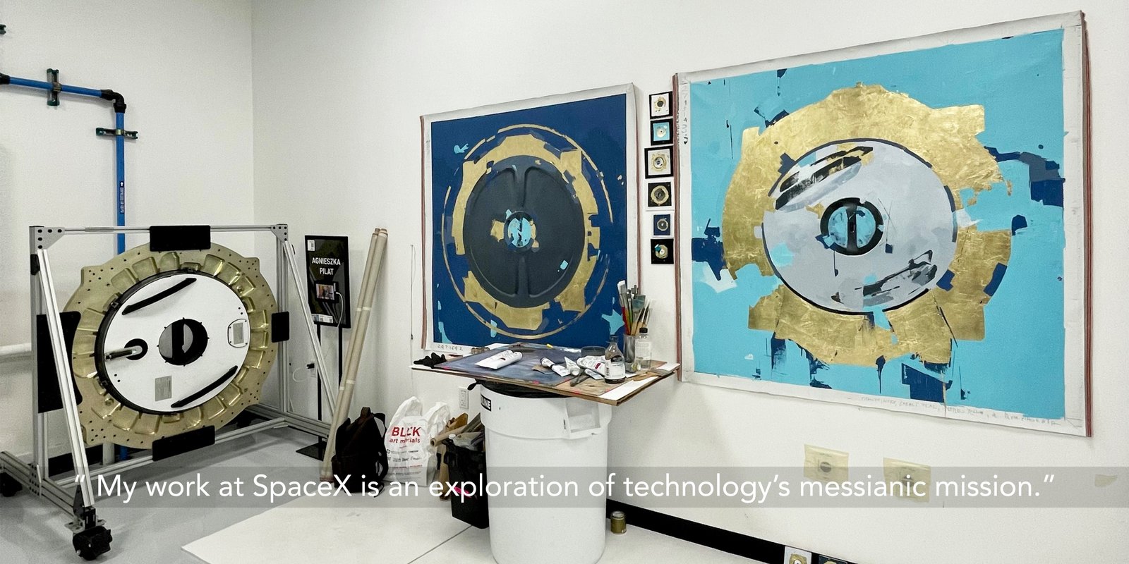 Behind-the-scenes look into Agnieszka's Hatch painting series, taken by the artist in her Space X residency creative space. Painting supplies and the real Space X hatch can be seen along with the gold-leafed paintings themselves.